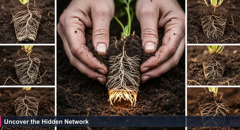 Gardener's weathered hands reveal strawberry plant roots in Central Coast soil, symbolizing hidden tech networks for women in Santa Maria.