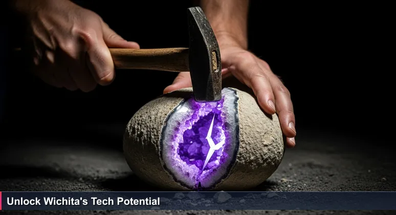 Hands using a hammer to split open a geode, showing rough exterior and sparkling interior crystals, symbolizing Wichita's hidden tech potential.