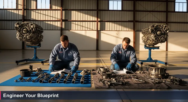 Two aviation mechanics in a Wichita hangar: one organized with engine parts laid out logically on a clean mat, the other overwhelmed with a chaotic workspace of tools and components, symbolizing structured vs. unstructured skill assembly for AI engineering.