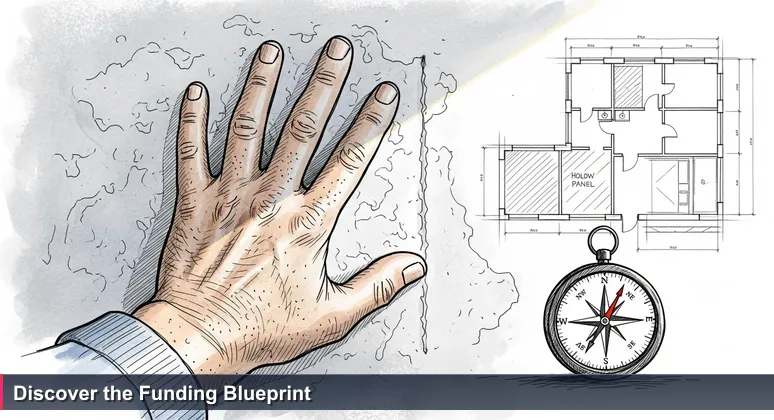 A contractor's hand pointing to a seam on a wall in a Wichita bungalow, symbolizing accessible funding opportunities for tech training and career advancement.