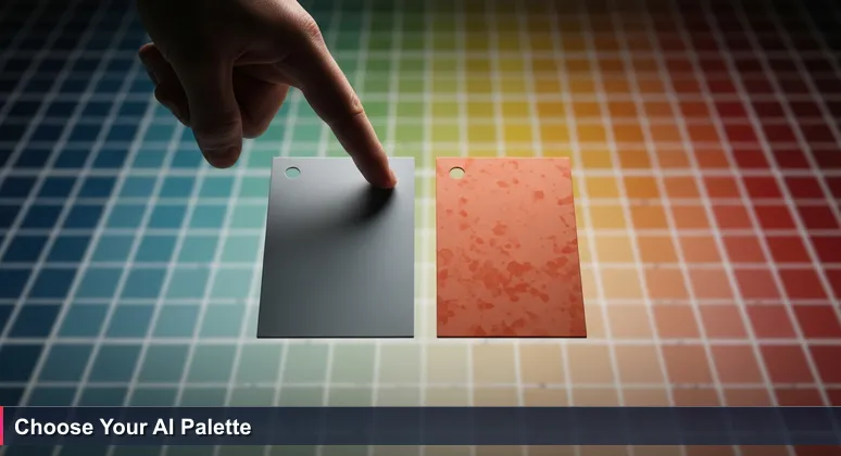 A hand hovering indecisively over gray 'Algorithmic' and terracotta 'Heuristic' paint swatches, symbolizing the choice between AI engineering careers in Wichita.