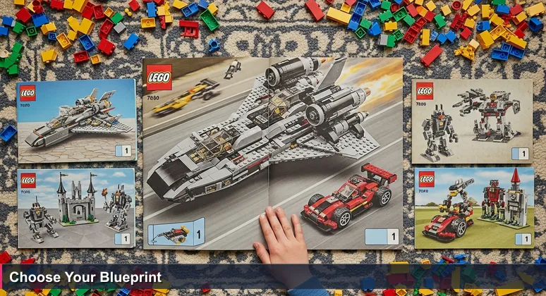 A child's hand poised between two LEGO instruction booklets on a carpet, symbolizing career choices in Wichita's tech apprenticeships for 2026.