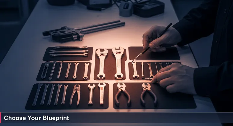Aviation mechanic's hands selecting precision tools on a workbench at Spirit AeroSystems, symbolizing the strategic choice of AI bootcamps in Wichita.