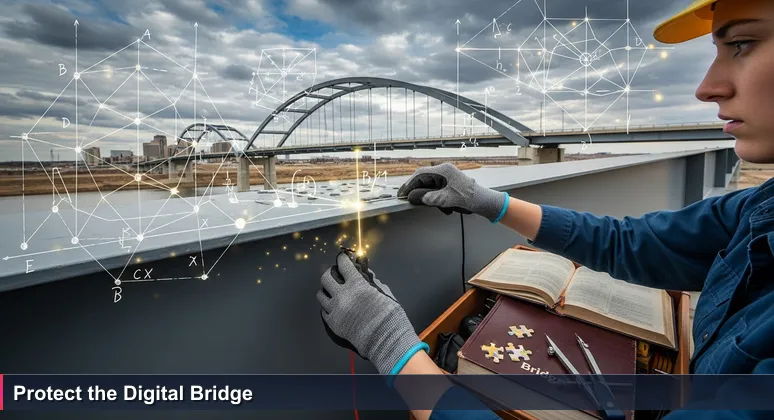 A young structural engineer inspects a bridge girder in Wichita, symbolizing cybersecurity professionals protecting critical digital infrastructure.