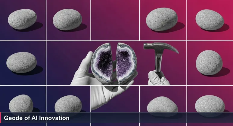 A geode from the Kansas plains cracked open to reveal purple amethyst crystals, symbolizing hidden AI innovation in Wichita.