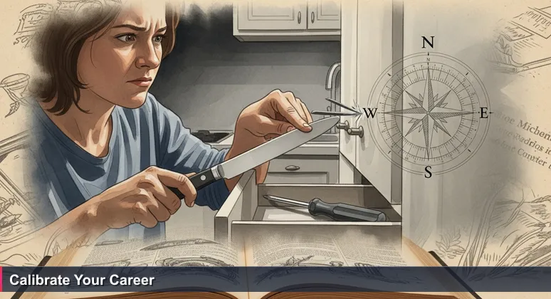 A person in a kitchen using a butter knife to tighten a screw on a cabinet door, symbolizing the frustration of mismatched career and city choices for tech professionals.