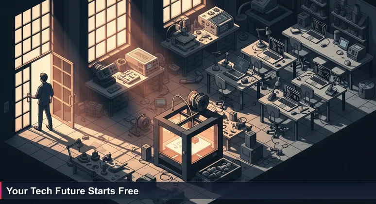 A person hesitating at the entrance of a sunlit community workshop in Wichita, filled with 3D printers, laptops, and tech tools, symbolizing access to free tech training.