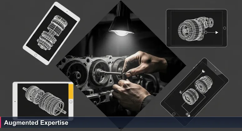 Close-up of a mechanic's greasy hands aligning an engine part, with a tablet displaying a 3D AI diagnostic model in the foreground, symbolizing AI integration in traditional work.