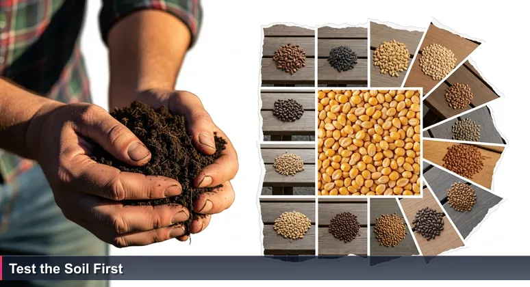 A farmer's worn hands testing dark Kansas topsoil with assorted seeds on a rustic workbench, symbolizing matching tech ventures to the right coworking space.