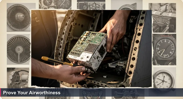 Close-up image of a technician's hands carefully removing a functional avionics module from the fuselage of a decommissioned B-1 bomber in a salvage yard.