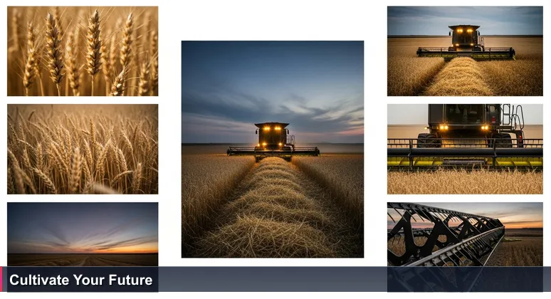 A combine harvester cutting through a golden wheat field at dusk on the Kansas plains, symbolizing fertile opportunities for junior developers in Wichita's tech startup ecosystem.