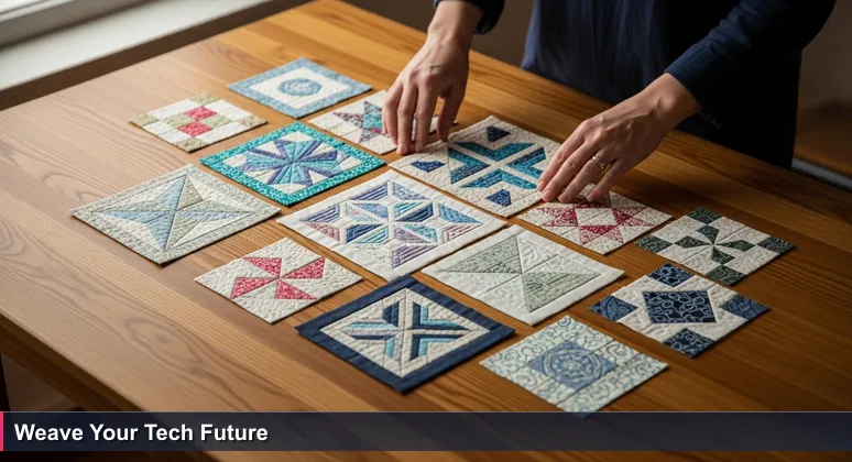 Close-up of hands arranging colorful quilt squares with tech and aviation patterns on a wooden table, symbolizing the interconnected women in tech community in Wichita.