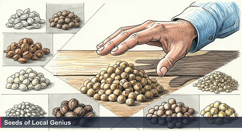 A Cambodian farmer's weathered hand hovering over diverse heirloom seeds on a rustic wooden table, symbolizing the careful selection of innovative AI startups tailored for local growth.