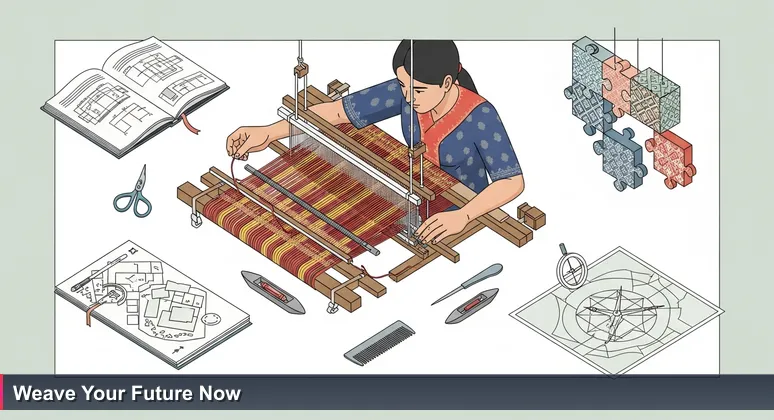 Close-up of a weaver's hands with a red thread at a traditional loom in Phnom Penh, representing the start of an AI career in Cambodia.