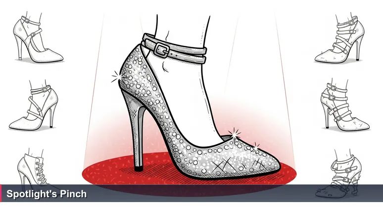 A glittering high-heeled shoe on a red carpet, pinching at the ankle, symbolizing the hidden trade-offs in high-paying tech careers in Cambodia.