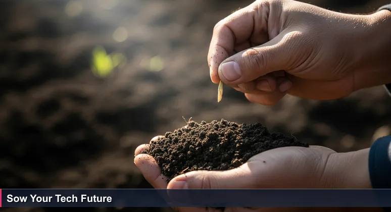 Close-up of hands holding rich soil and a seed at sunrise, representing the potential of Cambodia's tech ecosystem for builders and innovators.