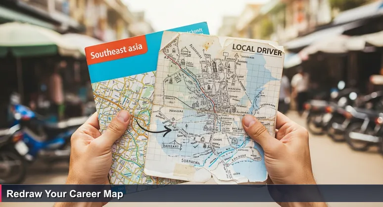 Hands holding a pristine tourist map and a worn local sketch in a busy Phnom Penh street, symbolizing the choice between generic and contextual AI career paths in Cambodia.