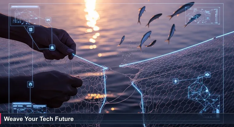 A fisherman mending a fishing net on the Tonlé Sap at dawn, symbolizing the effort to access tech training funding in Cambodia's digital economy.