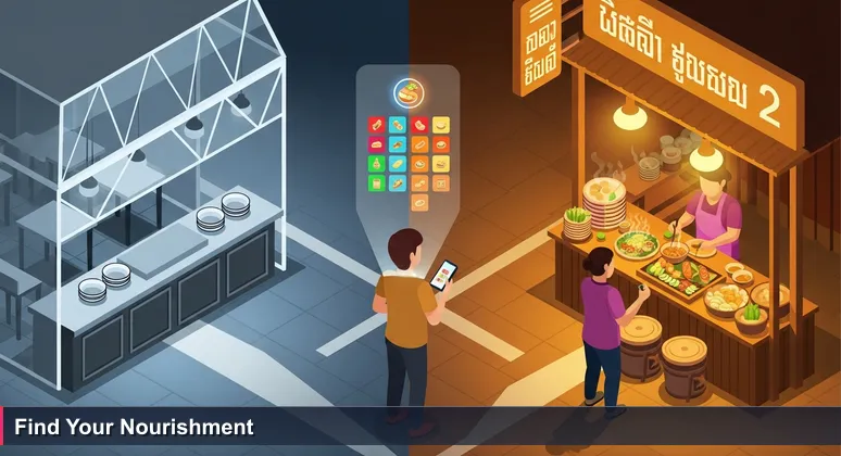 A traveler at a crossroads in Phnom Penh's night market, choosing between a generic ranked restaurant and an authentic bustling food stall, symbolizing AI career decisions in Cambodia