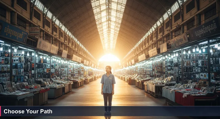 A young person at Phsar Thmei market in Phnom Penh at dawn, contemplating diverse tech career pathways symbolized by glowing market stalls in Cambodia's 2026 job landscape.