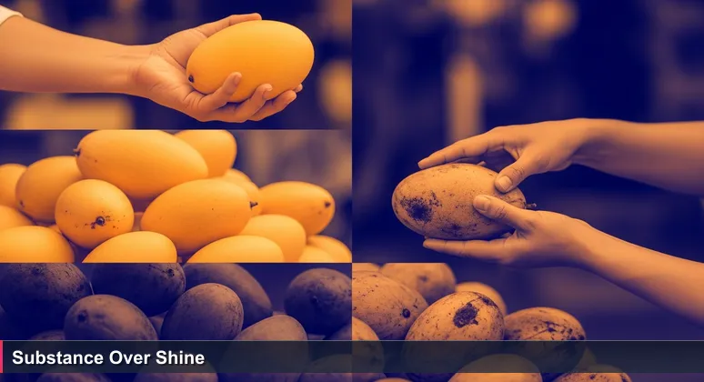 Close-up of hands at a Phnom Penh market stall comparing mangoes, symbolizing discerning choice in AI bootcamp selection for Cambodia's tech careers.
