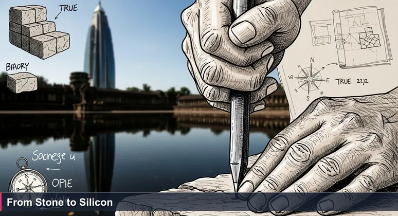 Ancient Angkorian stone carver's hands with chisel, reflecting a modern Phnom Penh bank tower in water, symbolizing Cambodia's digital defense evolution.