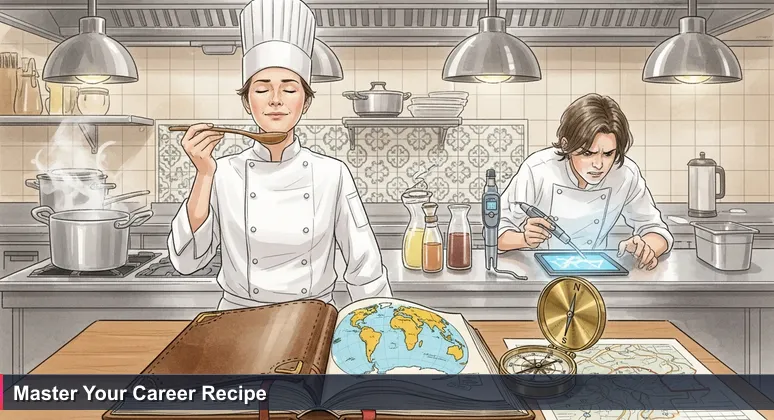 A skilled chef intuitively tasting sauce versus a novice anxiously using a pH meter and spreadsheet, symbolizing the balance needed for a tech career in Cambodia.