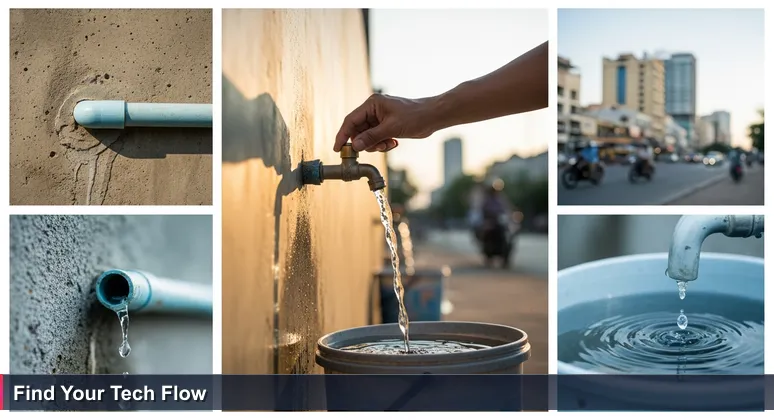 A weathered hand turning on a water tap connected to a PVC pipe on a Phnom Penh alley wall, with clear water flowing into a bucket, symbolizing hidden tech education resources in Cambodia.