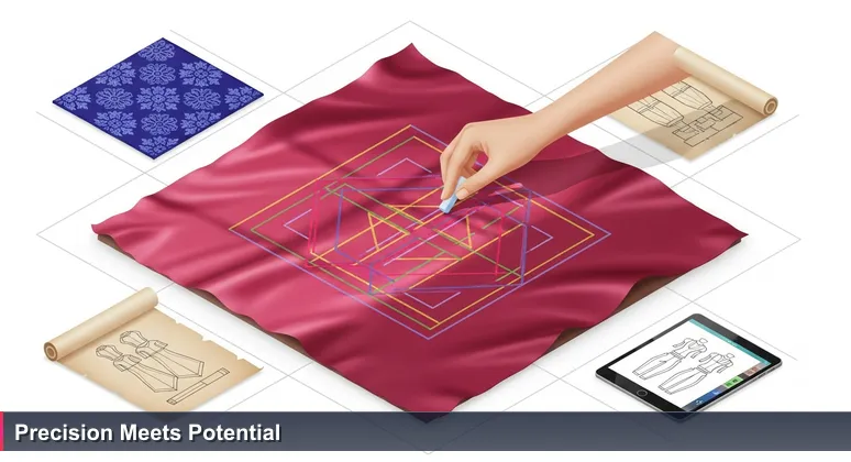 Close-up of tailor's chalk marking precise lines on vibrant silk fabric in a Phnom Penh workshop, with traditional patterns and digital sketches symbolizing AI innovation.