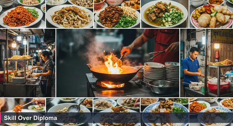 A vibrant Phnom Penh street food alley at dusk, with a customer pointing at a sizzling wok of kuy teav as the cook focuses on preparing the dish.