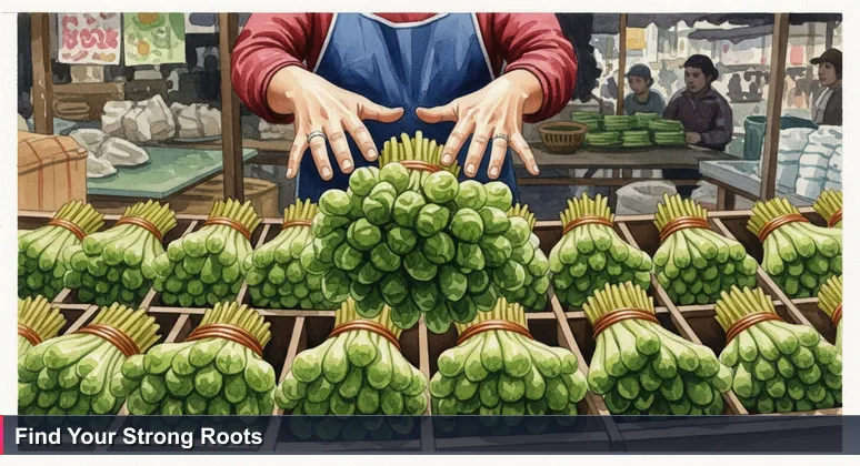 Close-up of hands selecting fresh morning glory at a bustling Cambodian wet market, symbolizing the careful choice of tech startups for junior developers in Phnom Penh.