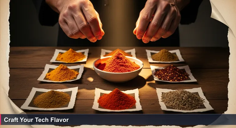 A chef's hands selecting from vibrant spices on a wooden table, symbolizing strategic career choices for women in tech in Cambodia.