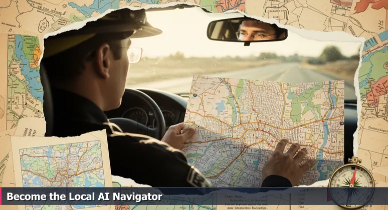 A first responder in Menifee, CA, intently studying a detailed map on a vehicle dashboard, with overlays highlighting AI career paths, local employers, and commutable routes, symbolizing strategic career navigation.