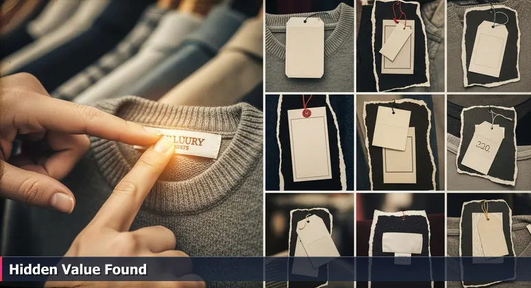 Close-up of a hand in a thrift store finding a luxury label on a simple sweater, symbolizing hidden high-paying tech jobs in Menifee, California.