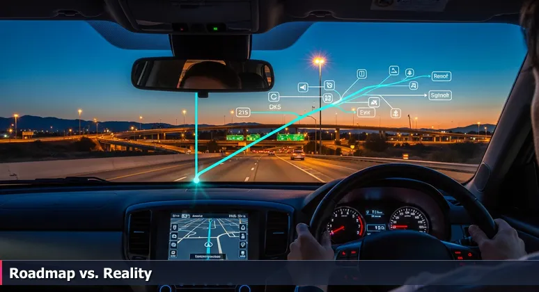 A car's dashboard GPS showing a simple route map, with the complex 215/74 highway interchange visible through the windshield in Menifee, CA, illustrating AI career navigation challenges.