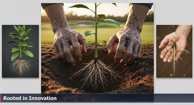 Close-up of gardener's hands in soil revealing healthy roots of a young plant, symbolizing deep-rooted AI startups thriving in Menifee, CA's microclimate.