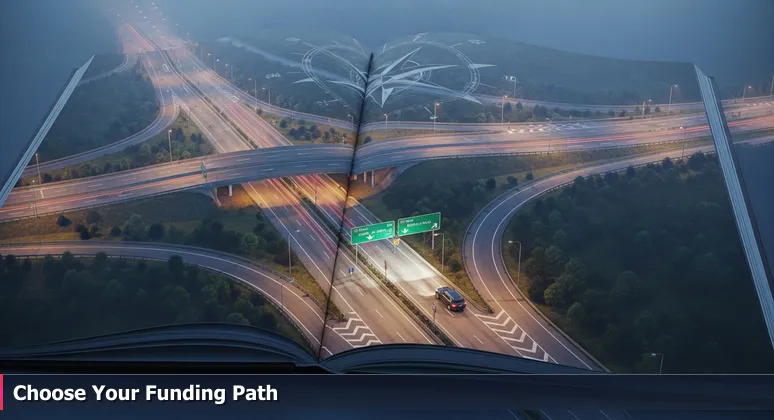 Aerial view of the I-215 and I-15 interchange near Menifee at dawn, showing a maze of highways with a car at a fork in the road.