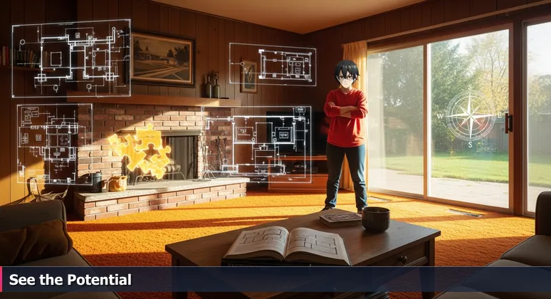 A person thoughtfully assessing a spacious 1970s ranch-style home in Menifee, CA, with sunlight highlighting the solid foundation and potential, symbolizing the strategic evaluation of AI career opportunities in the Inland Empire.