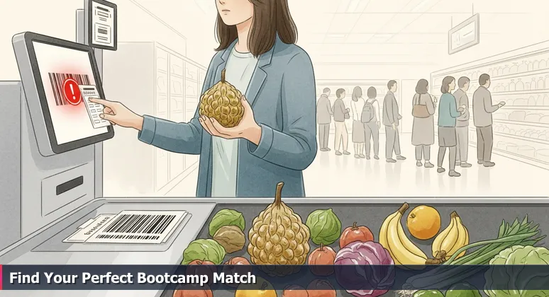 A frustrated shopper at a self-checkout with an unrecognized item, symbolizing the challenge of choosing the right AI bootcamp.