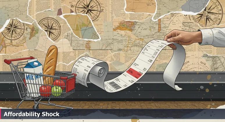 A hand holding a long grocery receipt with the total circled in red, symbolizing hidden costs for tech workers in Menifee, California.