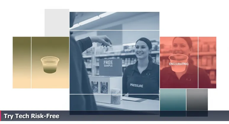 A person hesitating at a grocery store free sample station, with a smiling attendant, symbolizing low-risk tech learning opportunities in Menifee.