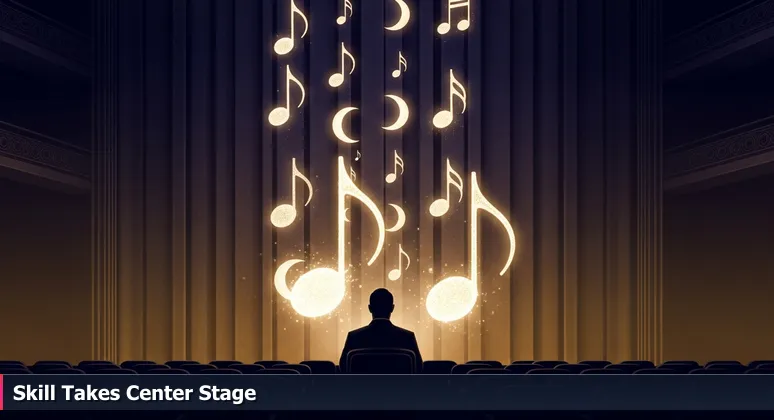 A judge in a darkened auditorium listens to a performance with a curtain blocking view, symbolizing unbiased skills evaluation in Menifee tech hiring.