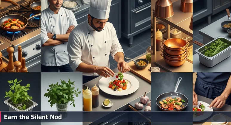 A bustling restaurant kitchen with a focused sous chef plating a dish while receiving a subtle nod of approval from the head chef in the background, symbolizing trust under pressure.