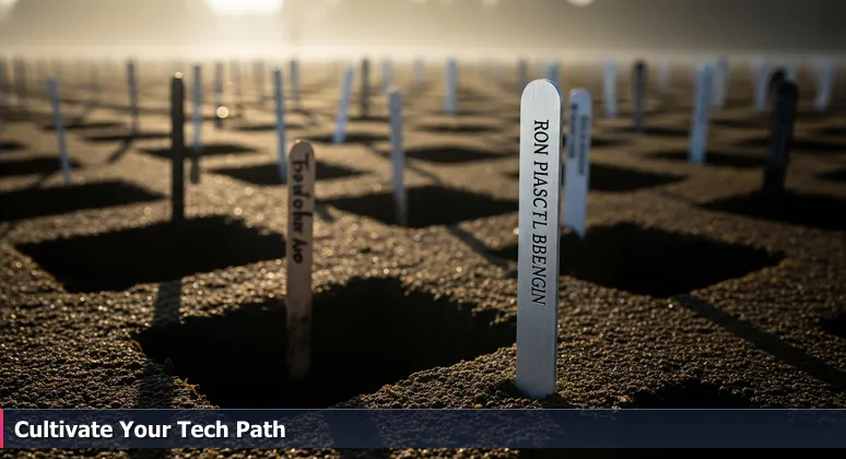 A community garden plot in Menifee with varied plant markers, including engraved signs and handwritten popsicle sticks, representing women in tech resources for 2026