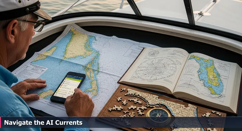 A frustrated boater in Fort Lauderdale examines an outdated paper nautical chart while ignoring a smartphone with a live digital navigation app, symbolizing the need for current AI career data.
