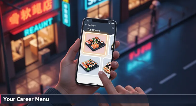 Smartphone screen with three sushi delivery apps at 4.5 stars each, held in hands against Fort Lauderdale's evening cityscape.