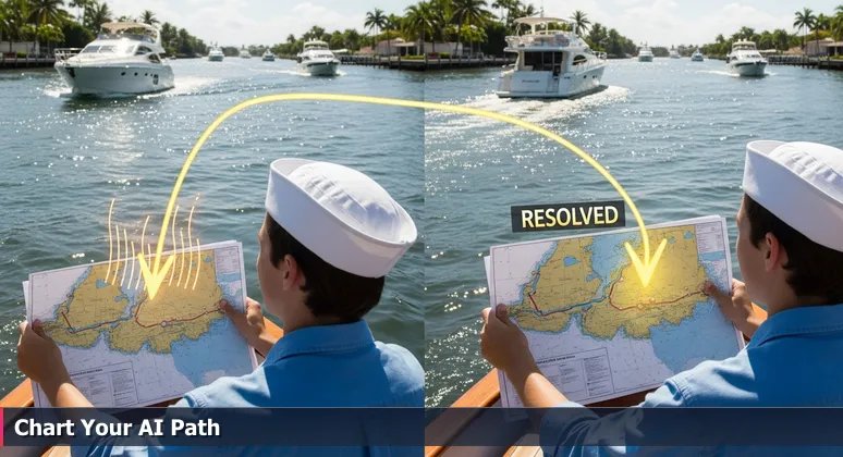 A person steering a boat in a Fort Lauderdale canal, examining a worn nautical chart at a fork, symbolizing AI career navigation.
