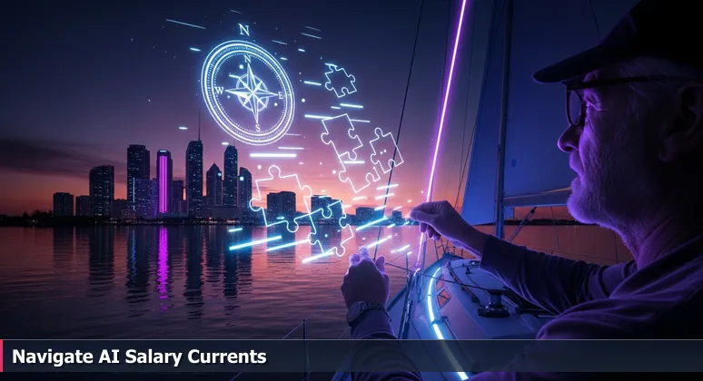 A sailor adjusting sails on a boat in Fort Lauderdale at dusk, symbolizing the navigation of AI salary trends and career paths in South Florida.