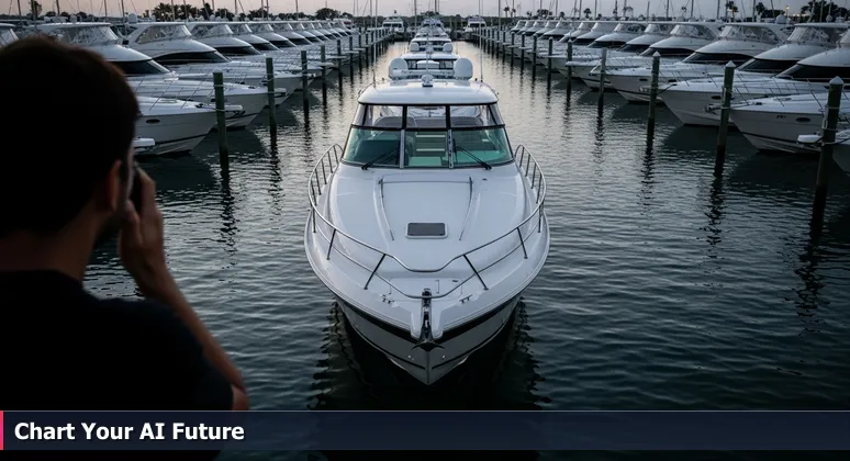 A person at Fort Lauderdale marina at dusk, looking at boats that symbolize the choice among AI bootcamps for tech career advancement.