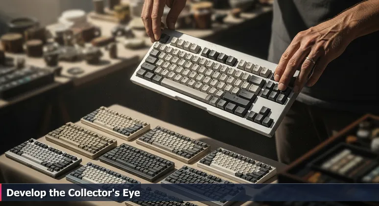 Close-up of hands at Fort Lauderdale Swap Shop inspecting a vintage mechanical keyboard, symbolizing the discovery of valuable tech careers without a formal degree.